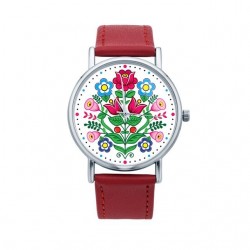 Folk zegarek zalipie kwiaty czerwony