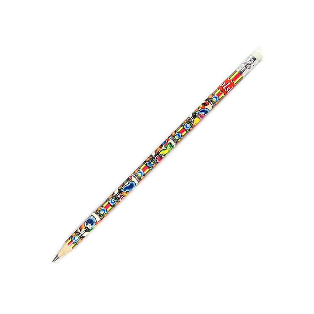 ołówek z ludowym wzorem kogutów z łowickiej wycinanki