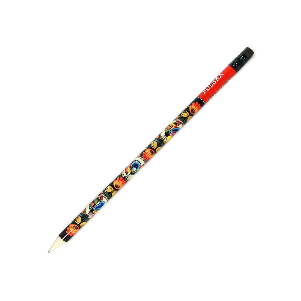 ołówek z ludową wycinanką z kogutami