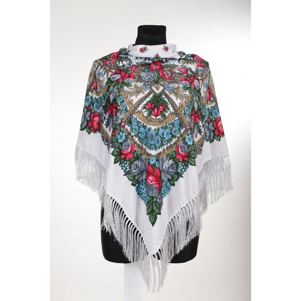 Chusta kwiaty ludowe  biała