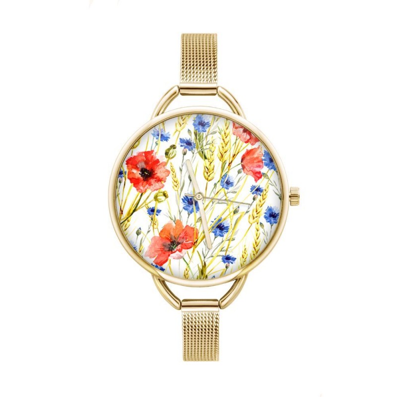 folkowy zegarek z kwiatami i złotą bransoletą