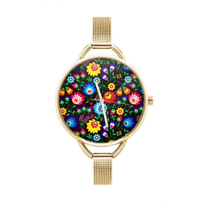 folkowy zegarek z kwiatami ludowymi i złotą bransoletką