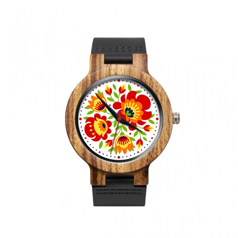 drewniany zegarek z kwiatami wiosenny folk