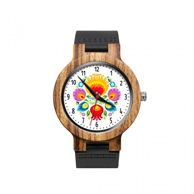 drewniany zegarek z ludowym kwiatem