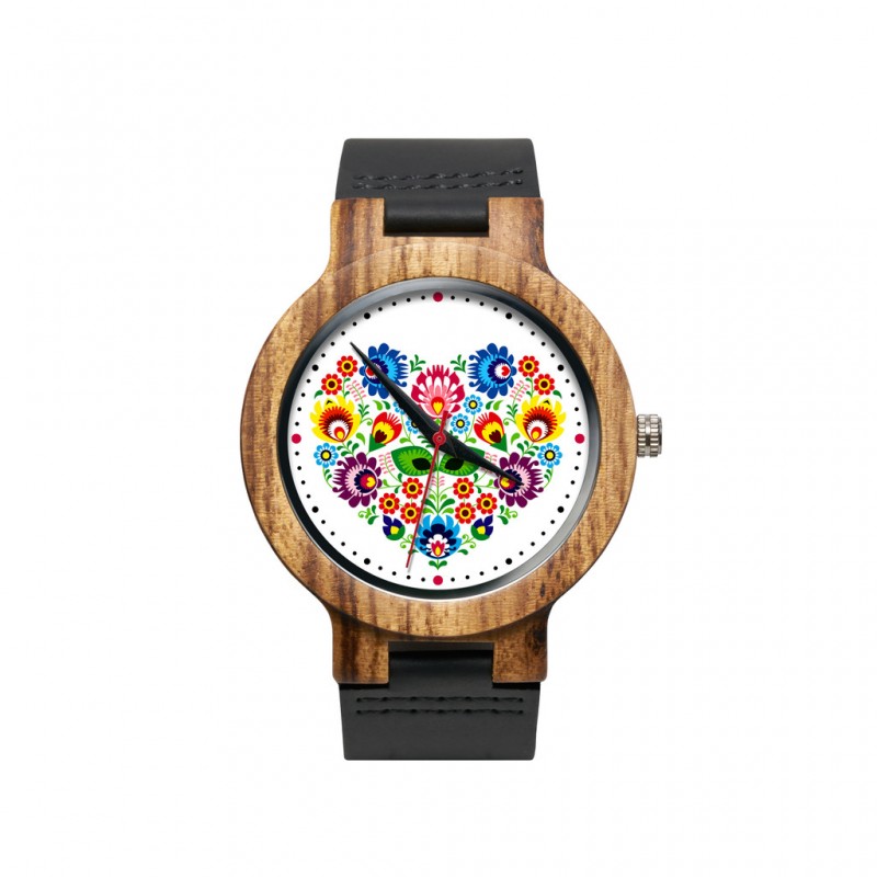 drewniany zegarek na rękę z kwiatami ludowymi w formie serca